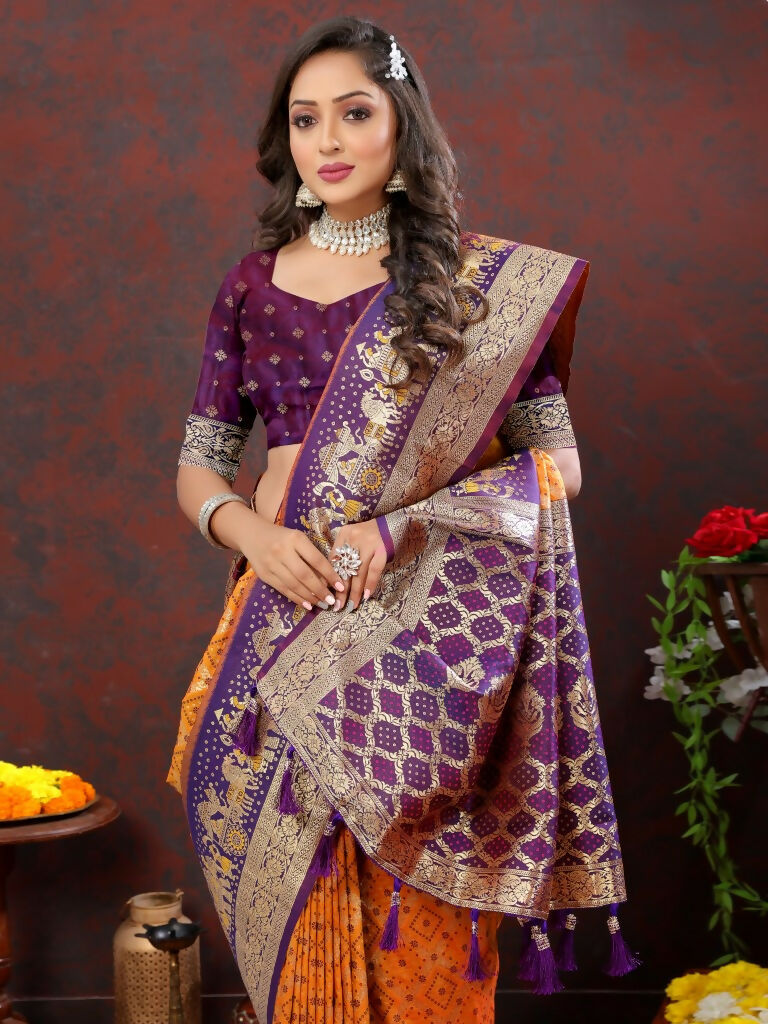 Vastranavya Orange Soft Patola Silk With Meenakari Weaving Motifs And Rich Zari Weaving Pallu Saree With Matching Blouse Fabric