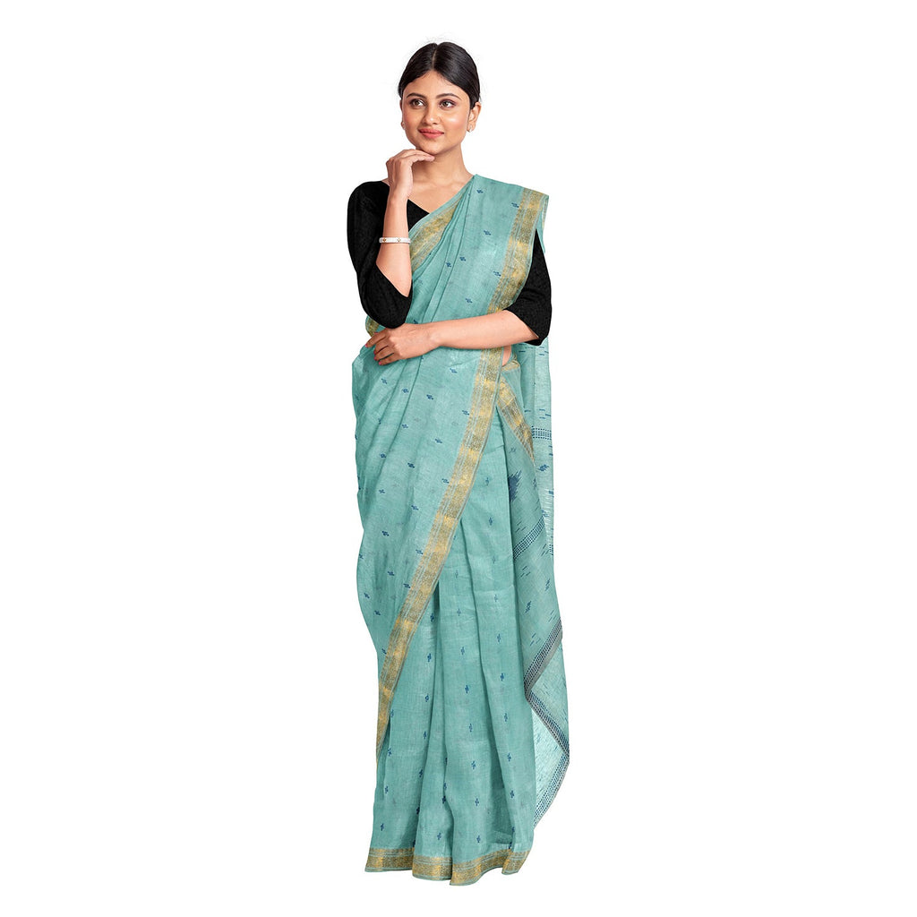 Exclusive Collection 100% Pure Cotton Sea Green Tant Saree With Hand Weaving Work