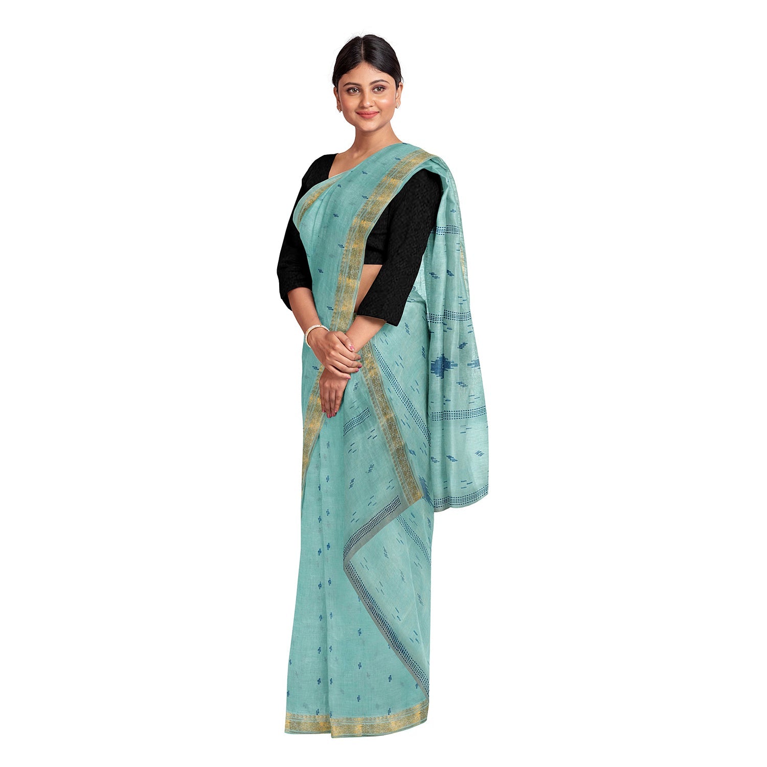Exclusive Collection 100% Pure Cotton Sea Green Tant Saree With Hand Weaving Work