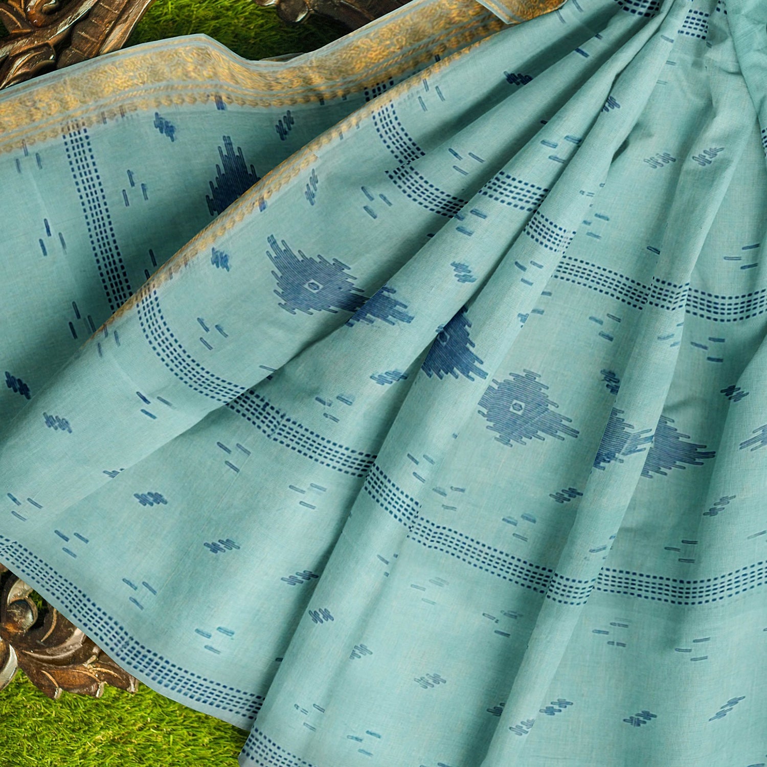 Exclusive Collection 100% Pure Cotton Sea Green Tant Saree With Hand Weaving Work