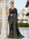 Monjolika Fashion Navy Blue Printed Georgette Contemporary Saree