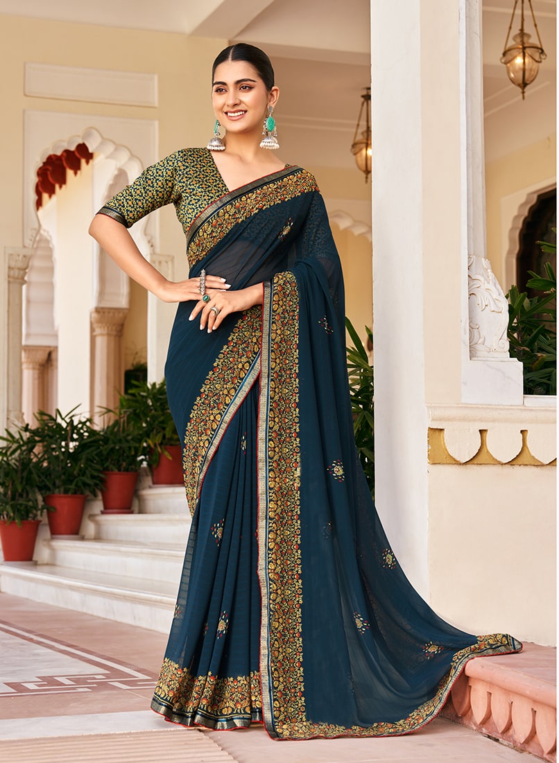Monjolika Fashion Navy Blue Georgette Printed Festival Desginer Trendy Saree