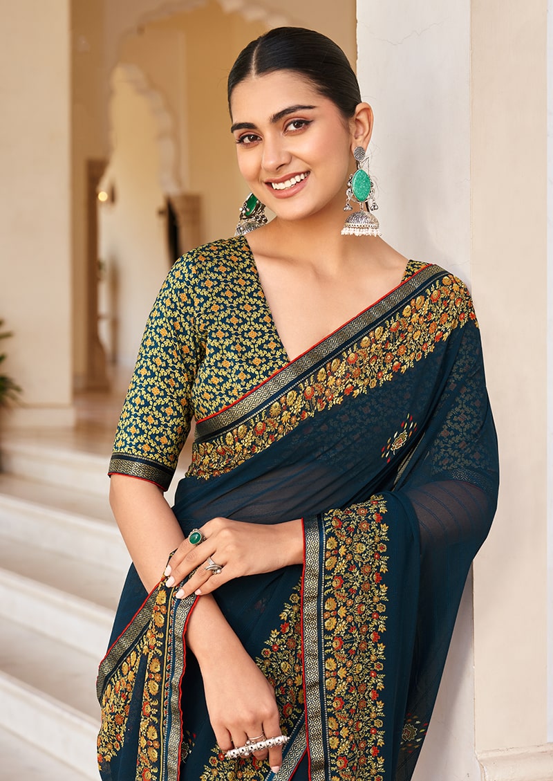 Monjolika Fashion Navy Blue Georgette Printed Festival Desginer Trendy Saree