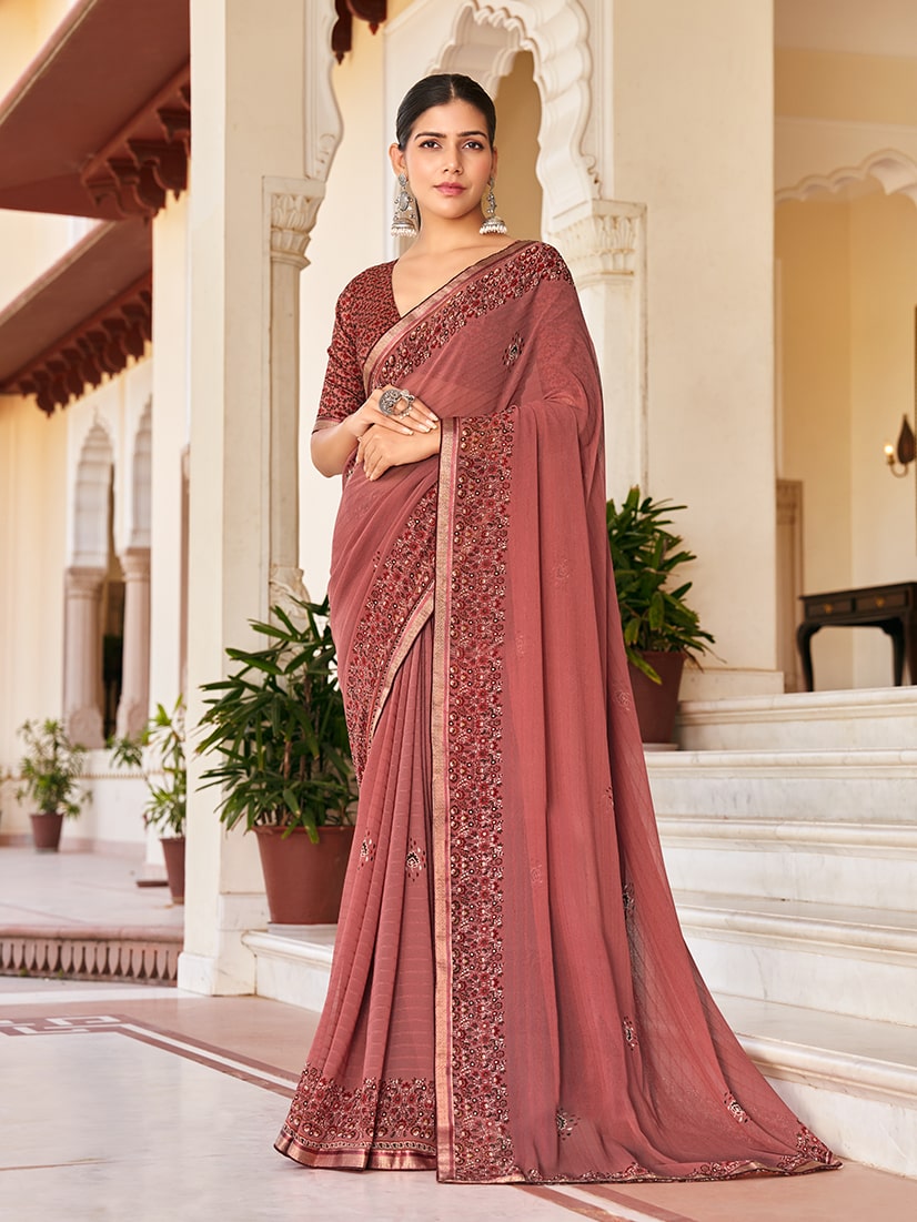 Monjolika Fashion Rust Georgette Printed Festival Desginer Trendy Saree
