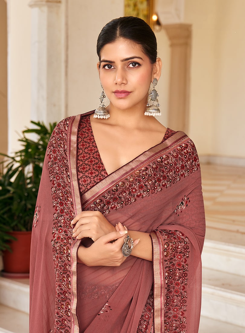 Monjolika Fashion Rust Georgette Printed Festival Desginer Trendy Saree
