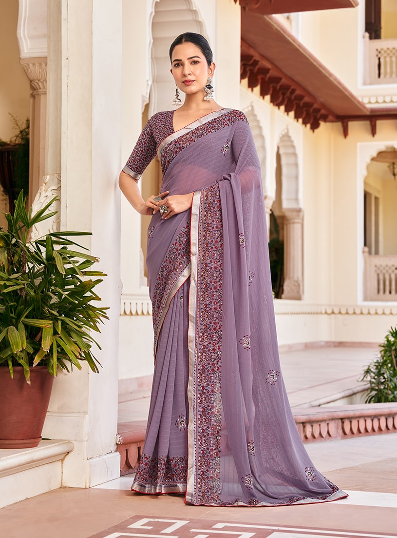 Monjolika Fashion Lilac Georgette Printed Festival Desginer Trendy Saree