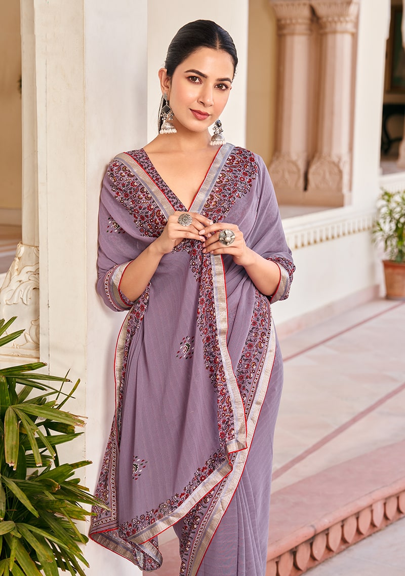 Monjolika Fashion Lilac Georgette Printed Festival Desginer Trendy Saree