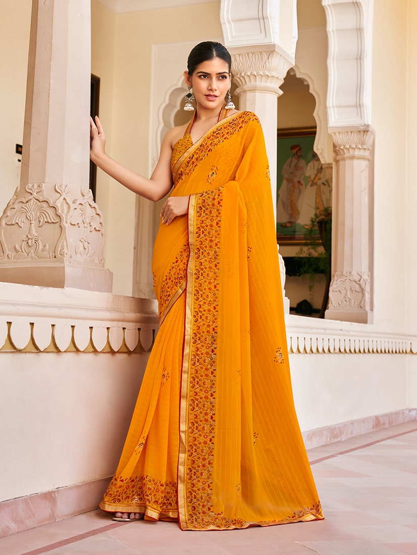 Monjolika Fashion Orange Georgette Printed Festival Desginer Trendy Saree
