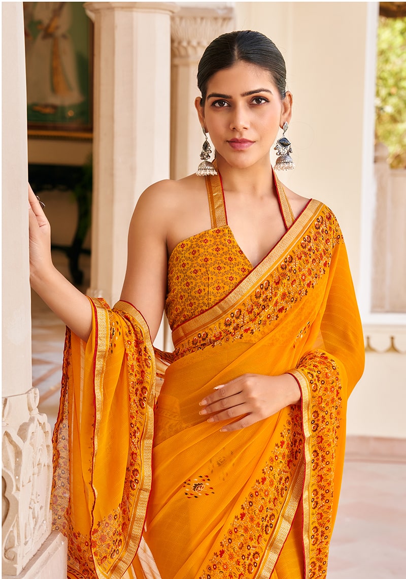 Monjolika Fashion Orange Georgette Printed Festival Desginer Trendy Saree