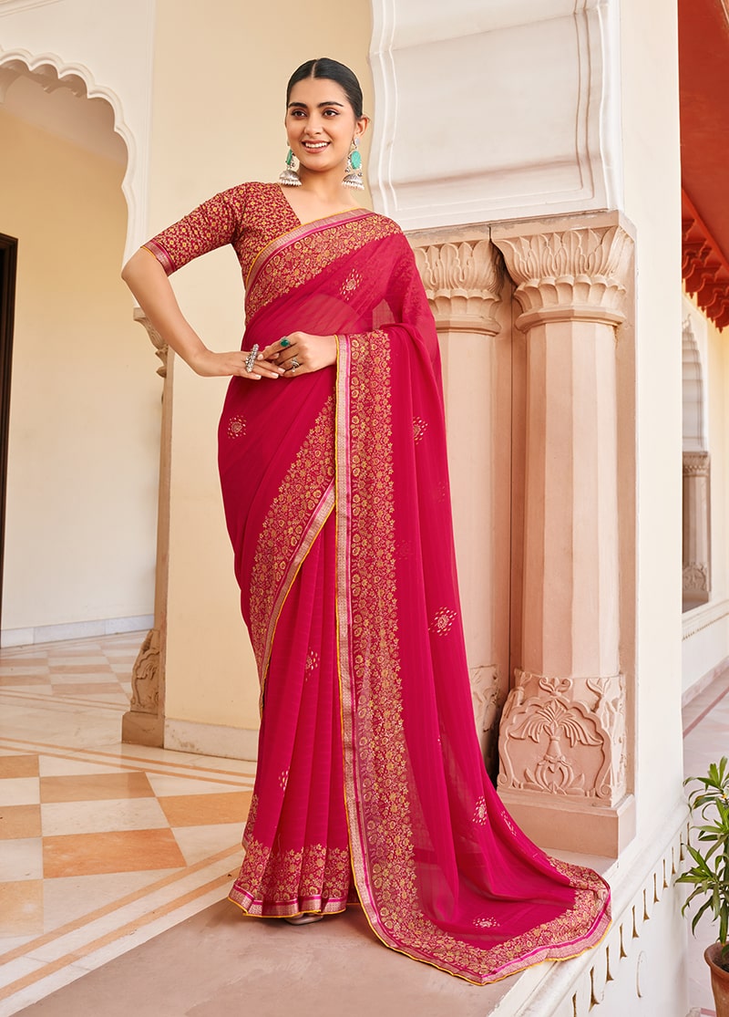 Monjolika Fashion Rani Pink Georgette Printed Festival Desginer Trendy Saree