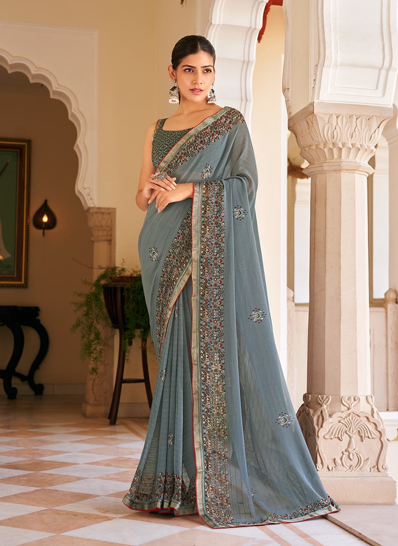 Monjolika Fashion Grey Georgette Printed Festival Desginer Trendy Saree
