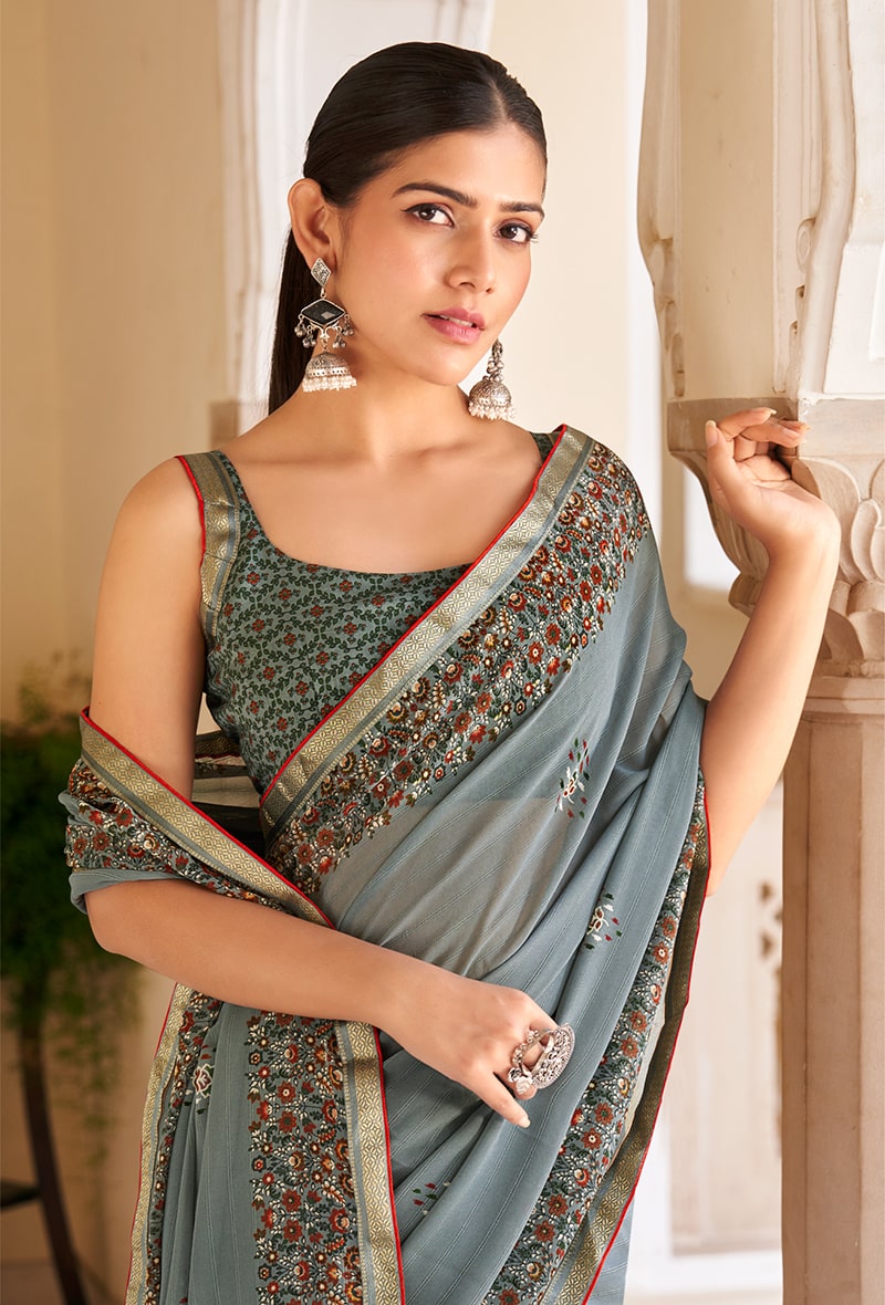 Monjolika Fashion Grey Georgette Printed Festival Desginer Trendy Saree