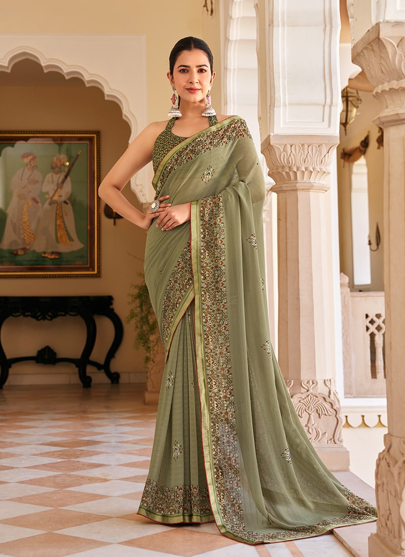 Monjolika Fashion Sage Green Georgette Printed Festival Desginer Trendy Saree
