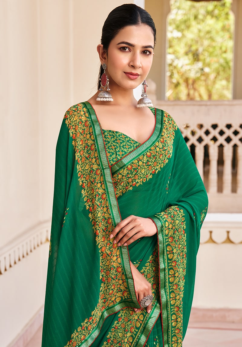 Monjolika Fashion Green Georgette Printed Festival Desginer Trendy Saree