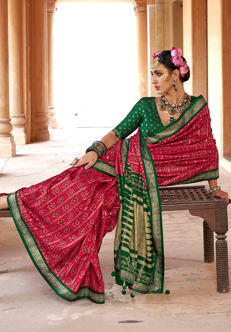 Monjolika Fashion Rani Pink Silk Blend Patola Print Classic Saree