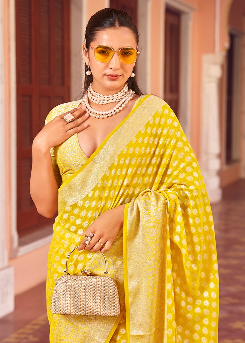 Monjolika Fashion Yellow Weaving Georgette Party Contemporary Saree