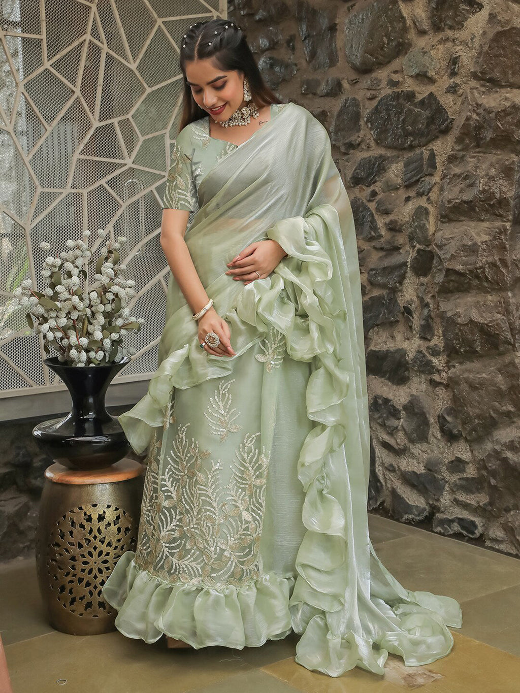 Tikhi Imli Embellished Sequinned Ruffled Ready to Wear Satin Saree