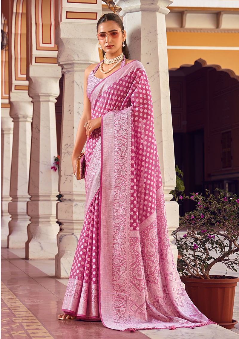 Monjolika Fashion Hot Pink Weaving Georgette Party Contemporary Saree
