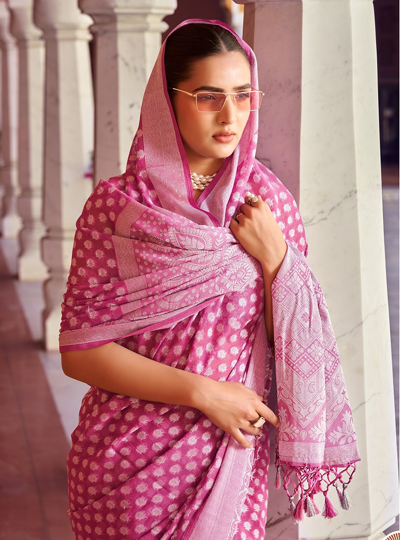 Monjolika Fashion Hot Pink Weaving Georgette Party Contemporary Saree