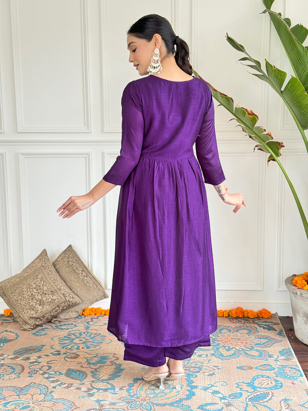 The52 Embroidered Vichitra Silk Fabric Straight Kurta, Pant and Dupatta Set