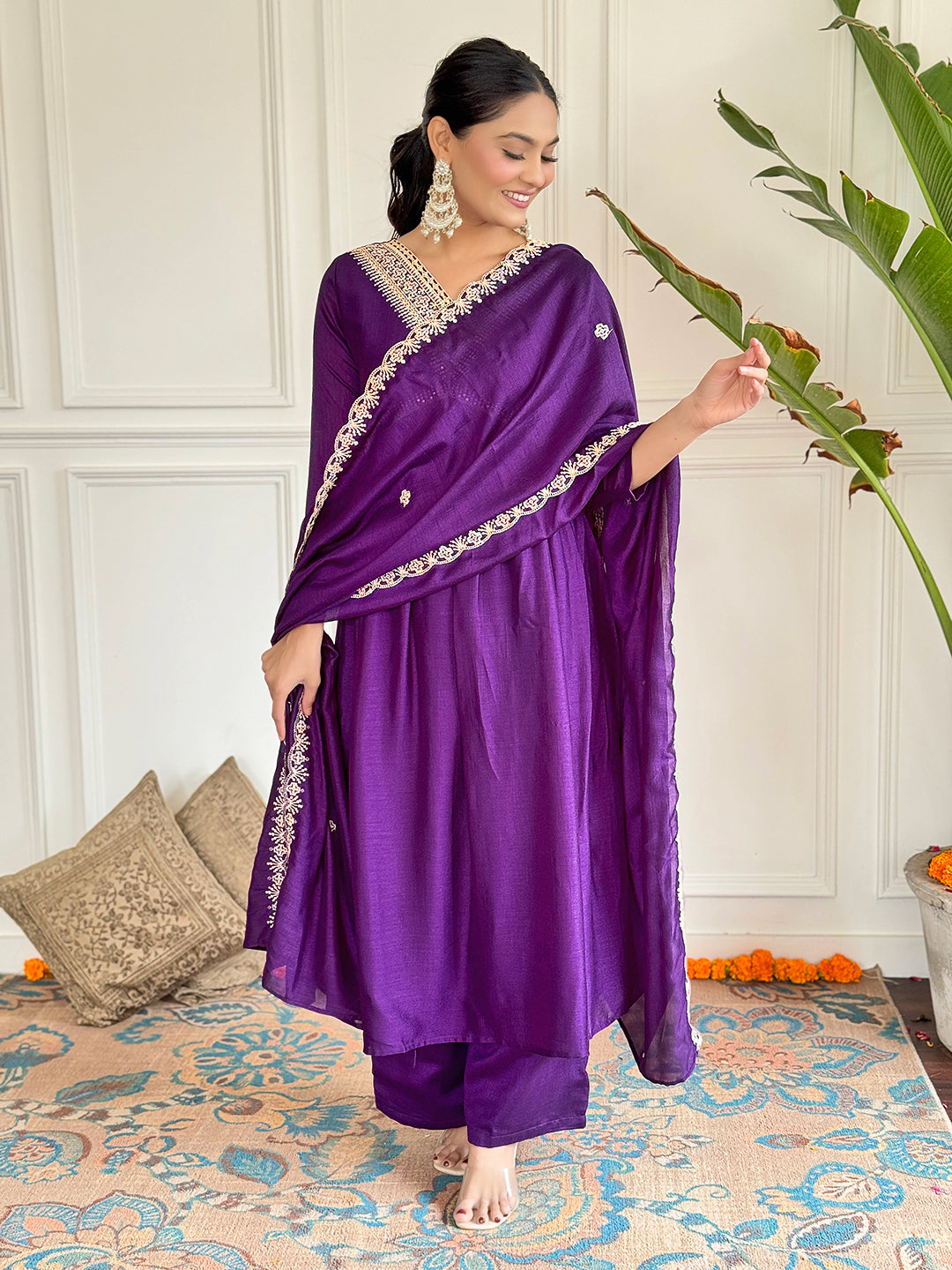 The52 Embroidered Vichitra Silk Fabric Straight Kurta, Pant and Dupatta Set