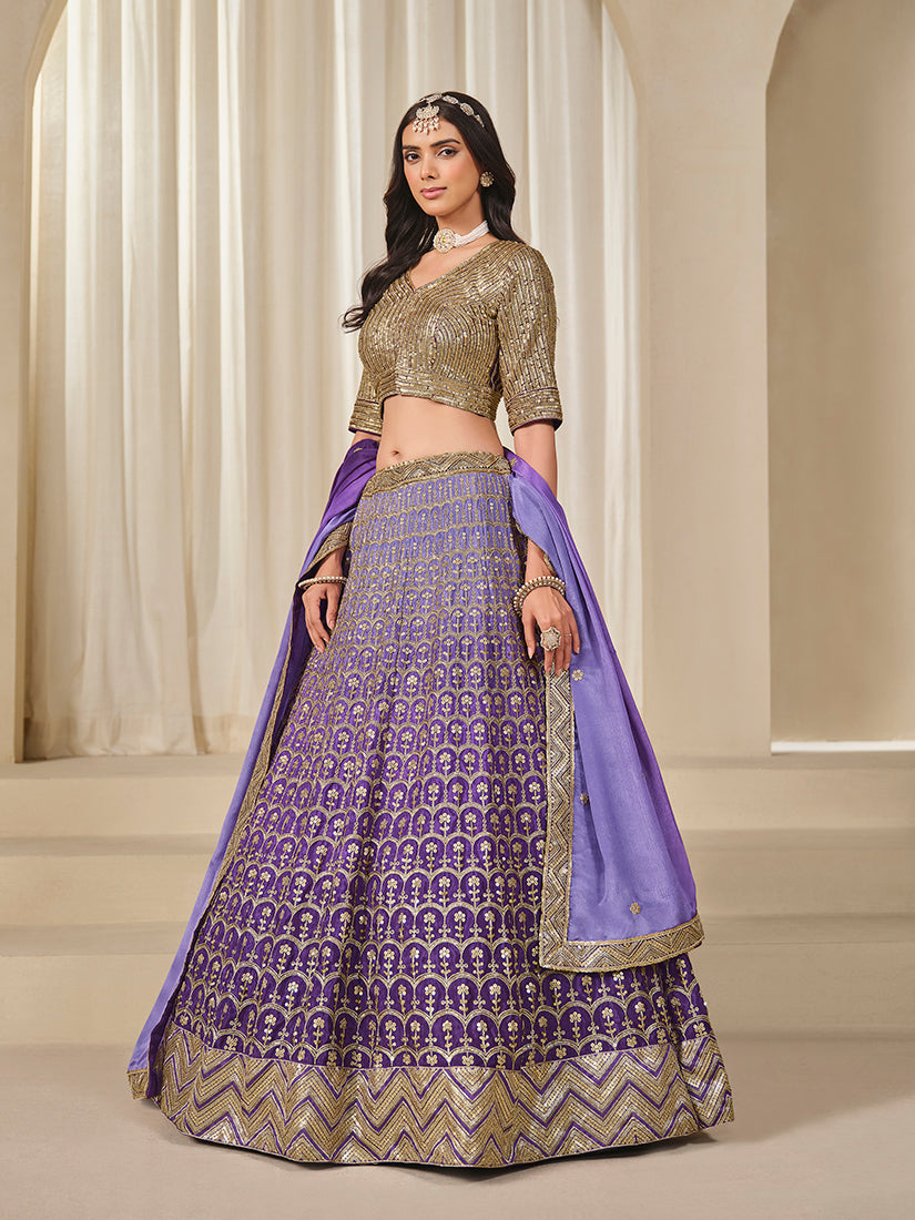 Monjolika Fashion Violet Chinon Silk With Embroidered, Sequins, Thread And Zari Work Lehenga Choli