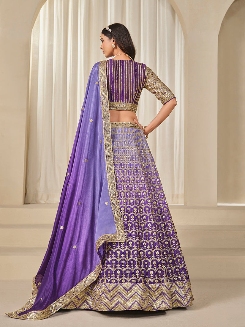 Monjolika Fashion Violet Chinon Silk With Embroidered, Sequins, Thread And Zari Work Lehenga Choli