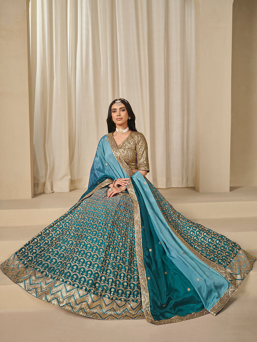 Monjolika Fashion Firozi Chinon Silk With Embroidered, Sequins, Thread And Zari Work Lehenga Choli