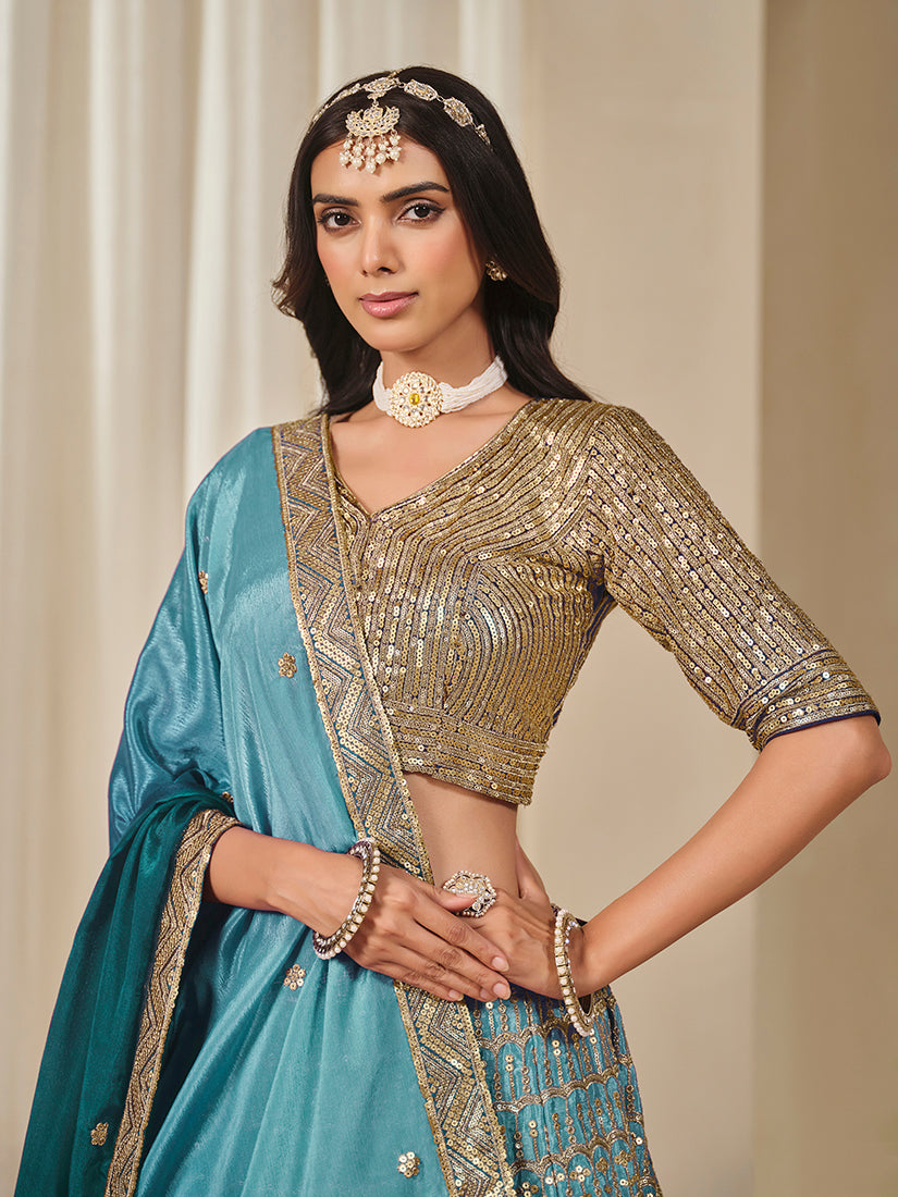 Monjolika Fashion Firozi Chinon Silk With Embroidered, Sequins, Thread And Zari Work Lehenga Choli