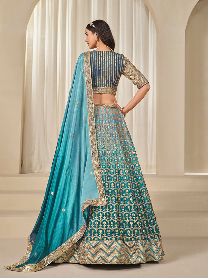Monjolika Fashion Firozi Chinon Silk With Embroidered, Sequins, Thread And Zari Work Lehenga Choli
