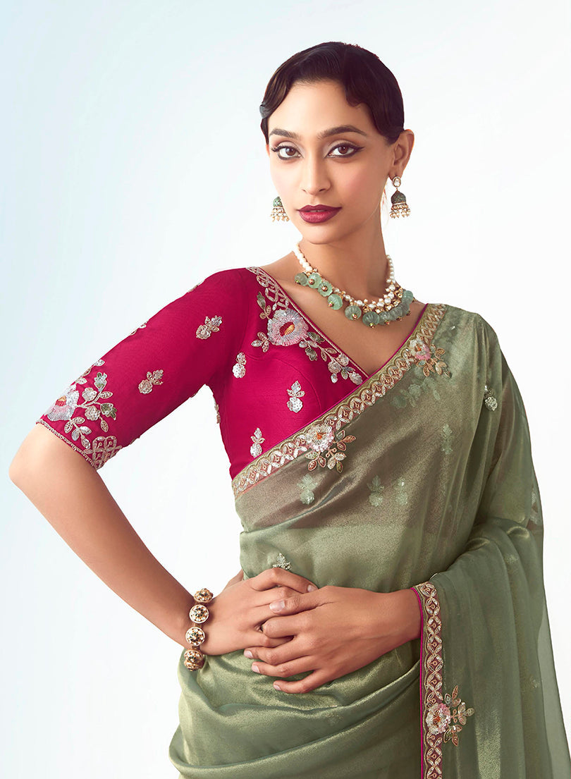 Monjolika Fashion Sage Green Embroidered Cut Work Fancy Fabric Ceremonial Designer Saree