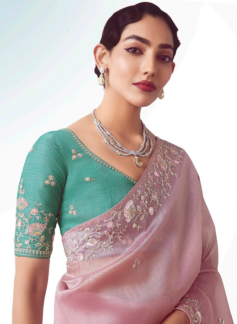 Monjolika Fashion Light Pink Embroidered Cut Work Fancy Fabric Ceremonial Designer Saree