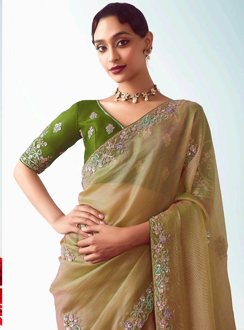 Monjolika Fashion Beige Embroidered Cut Work Fancy Fabric Ceremonial Designer Saree