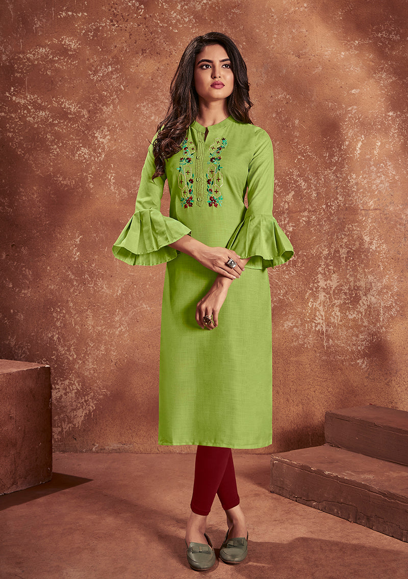 Monjolika Fashion Cotton Embroidered Green Party Wear Kurti