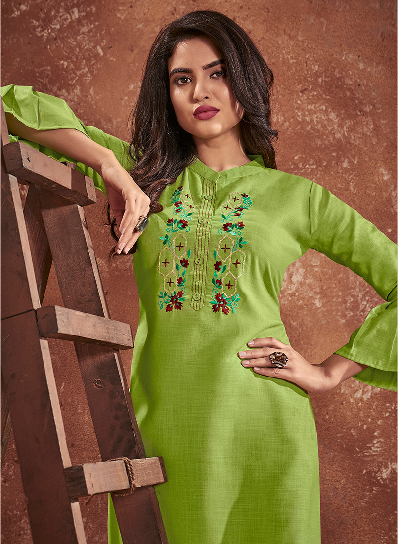 Monjolika Fashion Cotton Embroidered Green Party Wear Kurti