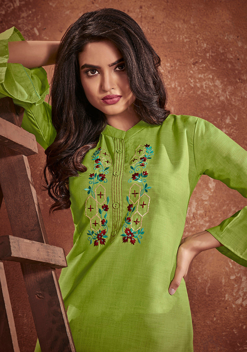 Monjolika Fashion Cotton Embroidered Green Party Wear Kurti