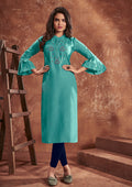 Monjolika Fashion Cotton Embroidered Aqua Blue Party Wear Kurti