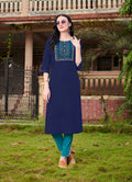Monjolika Fashion Navy Blue Cotton Embroidered Party Wear Kurti