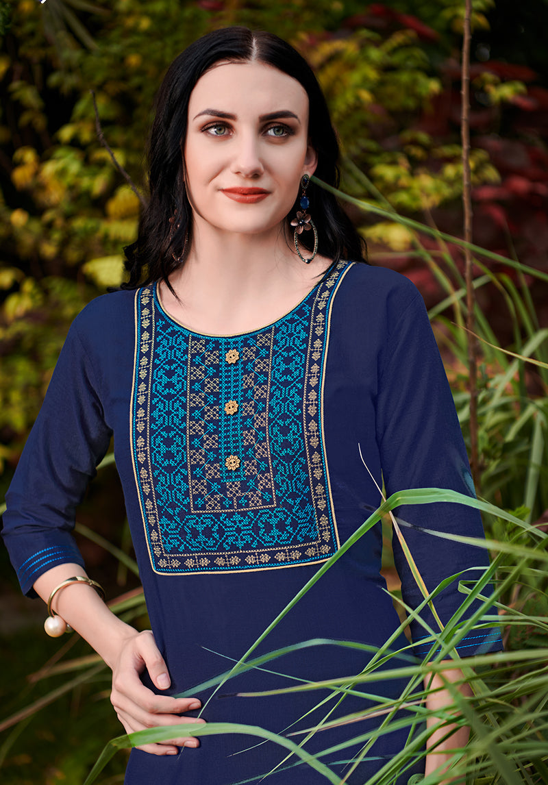 Monjolika Fashion Navy Blue Cotton Embroidered Party Wear Kurti