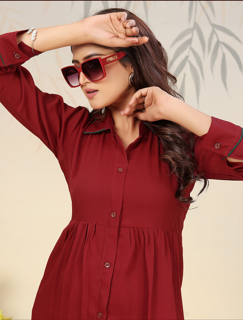 Monjolika Fashion Maroon Cotton Solid Festival Casual Kurti
