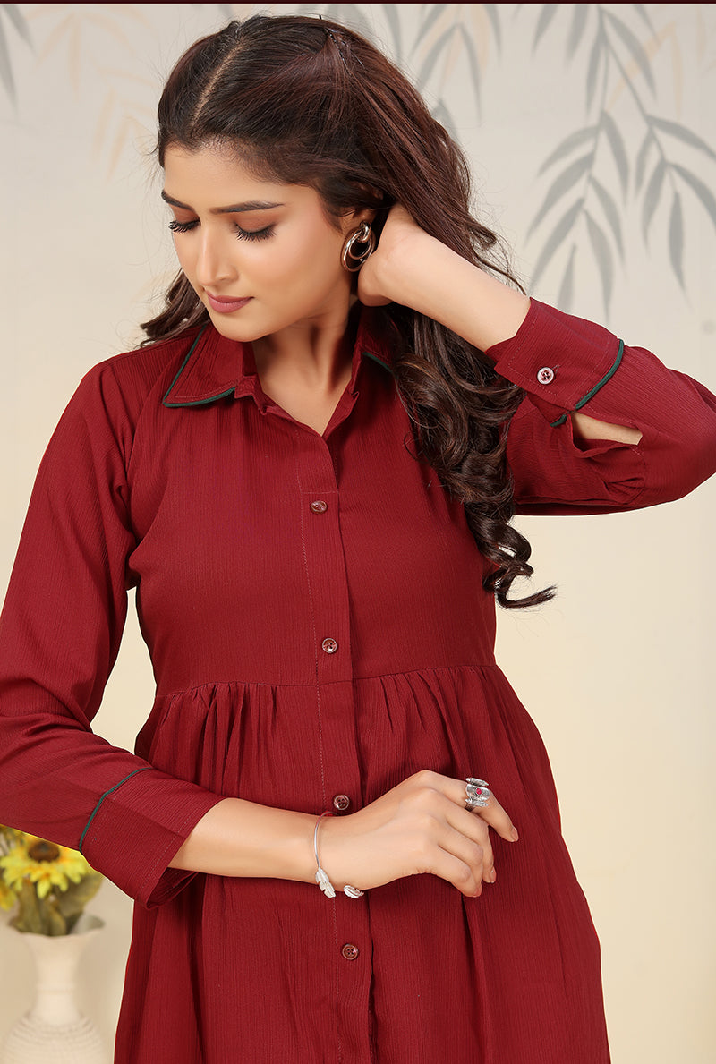 Monjolika Fashion Maroon Cotton Solid Festival Casual Kurti