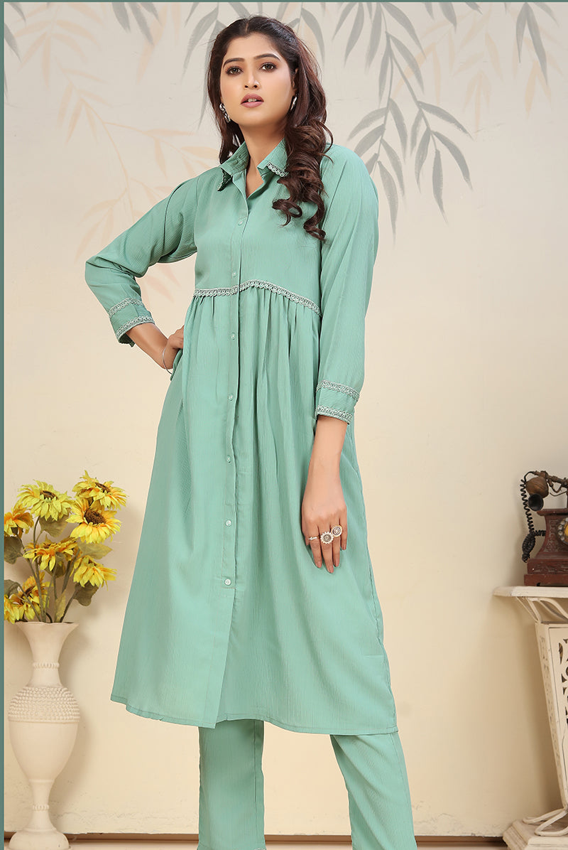 Monjolika Fashion Light Cyan Cotton Solid Festival Casual Kurti