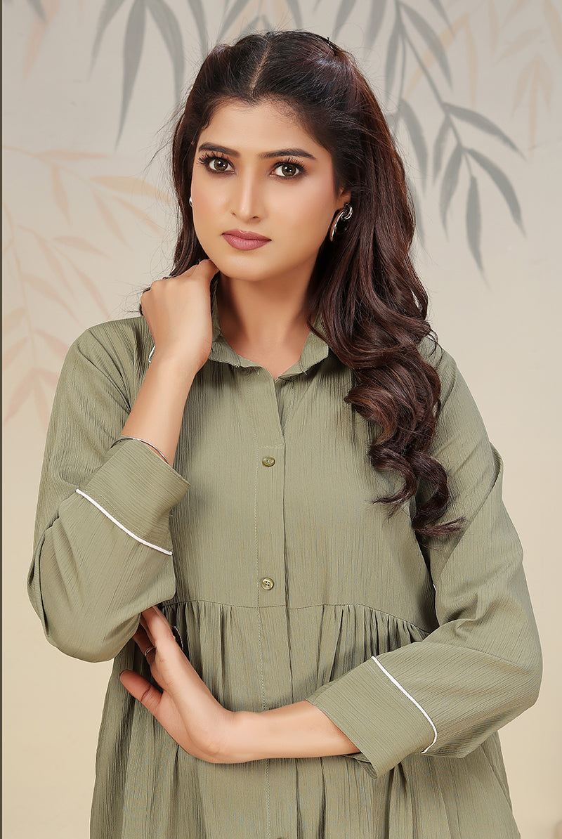 Monjolika Fashion Pista Green Cotton Solid Festival Casual Kurti