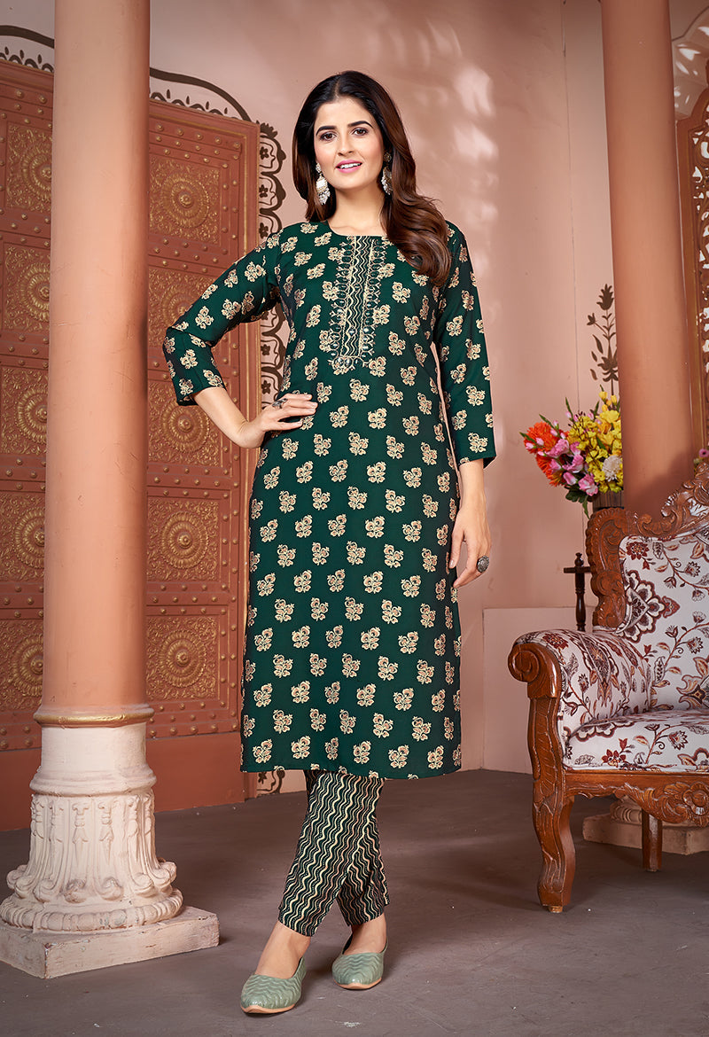Monjolika Fashion Silk Embroidered Dark Green Designer Kurti