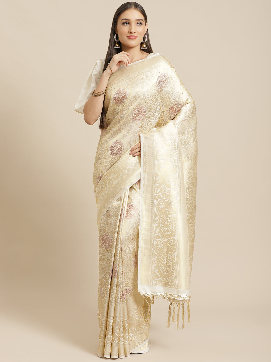 Saree Mall Off-White & Golden Woven Design Banarasi Saree