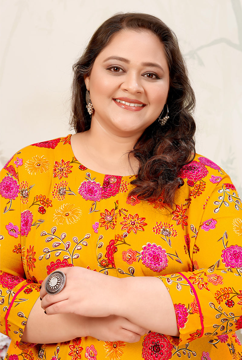 Monjolika Fashion Yellow Ceremonial Rayon Designer Kurti