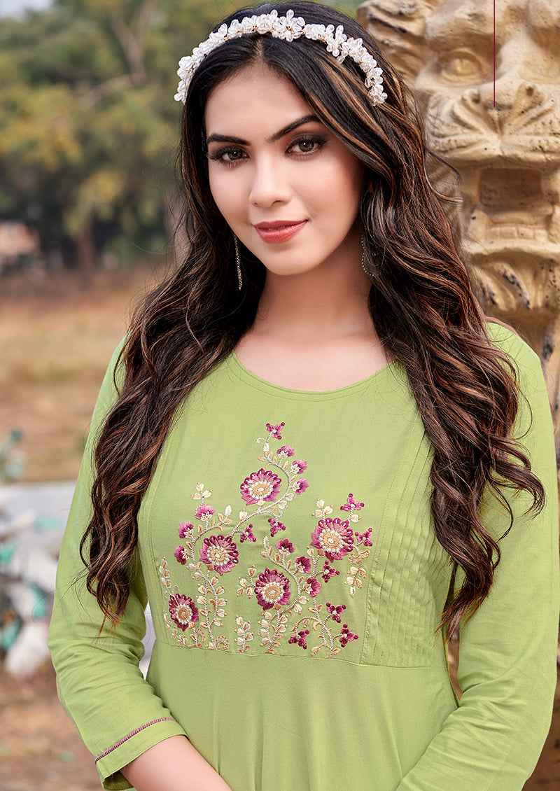 Monjolika Fashion Light Green Rayon Embroidered Designer Kurti