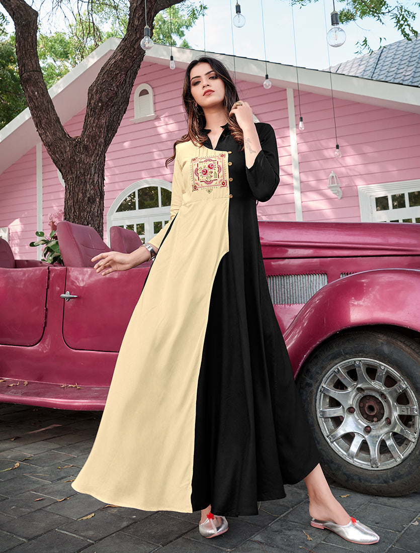 Monjolika Fashion Cream & Black Rayon Embroidered Designer Kurti