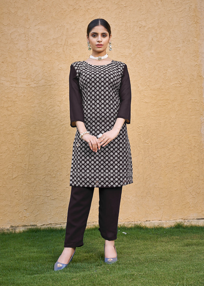 Monjolika Fashion Embroidered Georgette Straight Kurta Set In Coffee