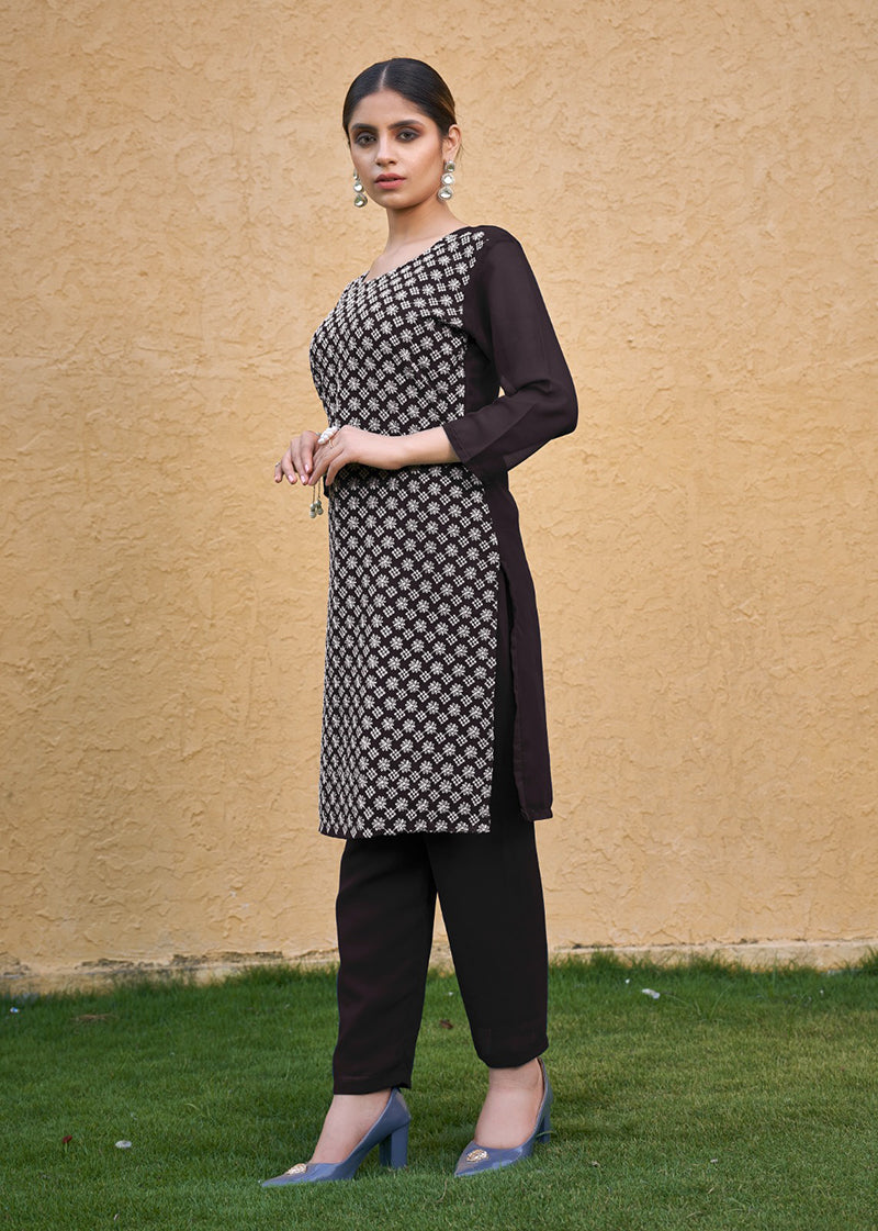 Monjolika Fashion Embroidered Georgette Straight Kurta Set In Coffee